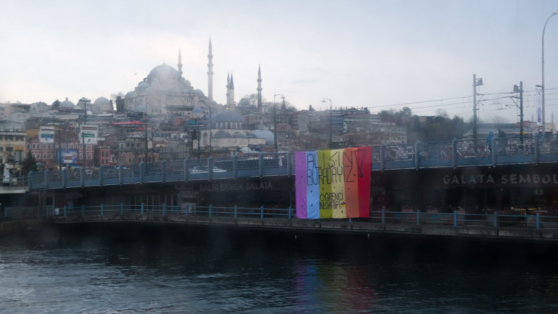 Rainbow flag hanged on Galata Bridge